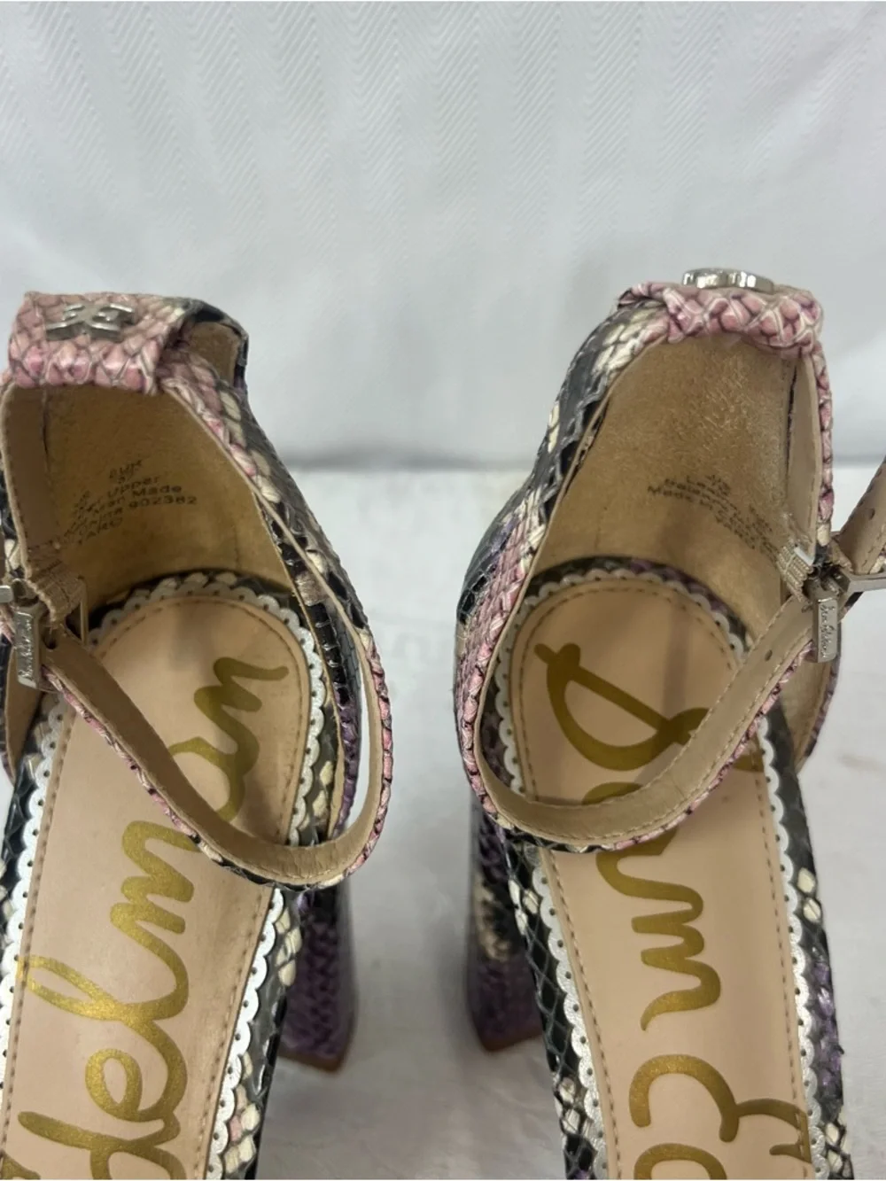 Sam Edelman Yaro Sandals Snakeskin 4” Block Heel Ankle Strap Black Pink Purple 7